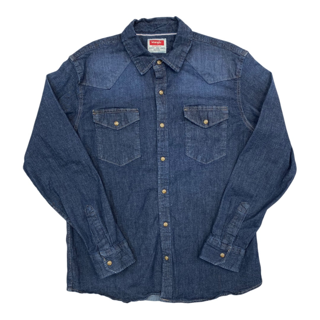 Top Long Sleeve By Wrangler In Blue Denim, Size: L