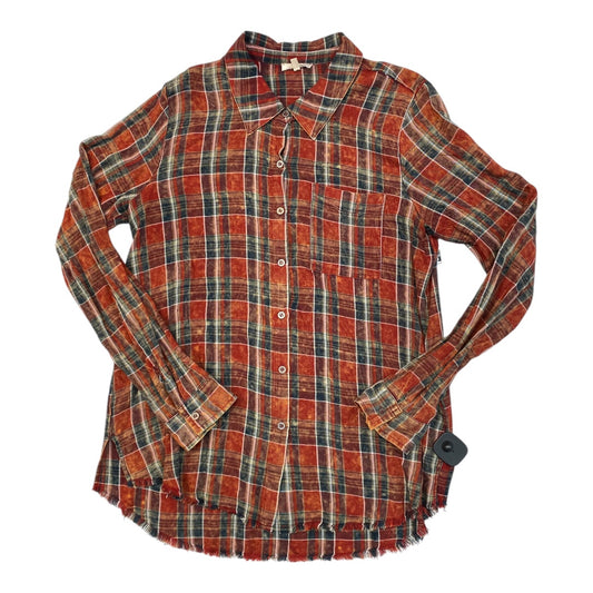 Top Long Sleeve By Mystree In Plaid Pattern, Size: L