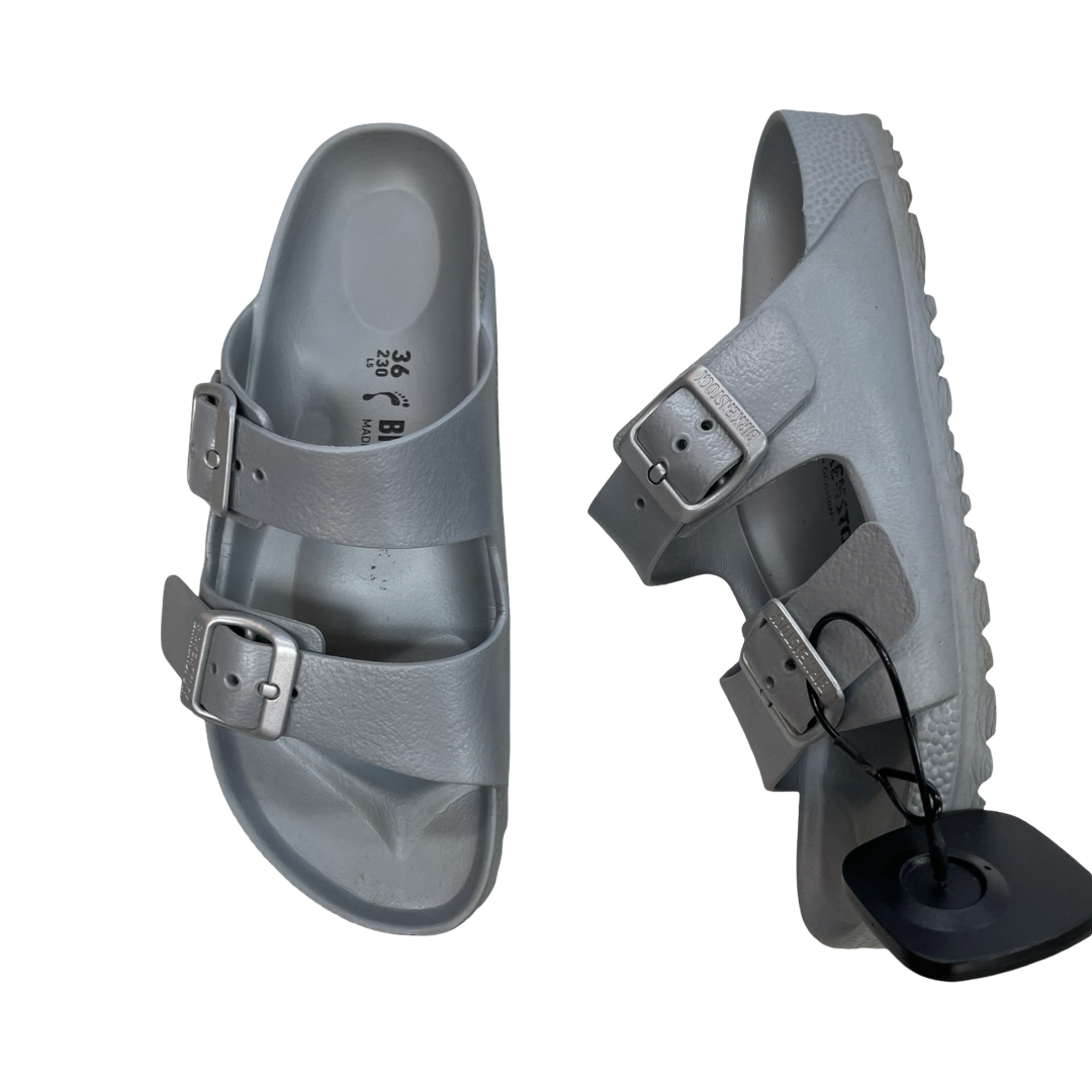 Sandals Designer By Birkenstock In Silver, Size:6