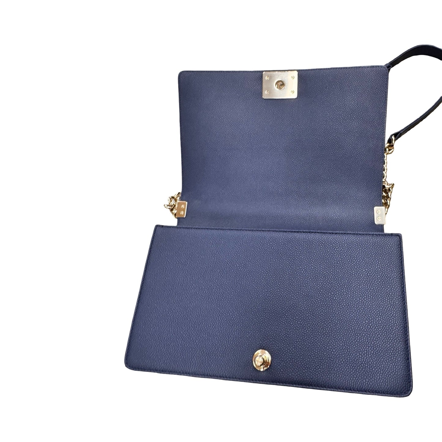 Caviar Quilted Boy Flap Handbag Luxury Designer By Chanel In Navy & Silver, Size:Large (6.9x11x3 in)