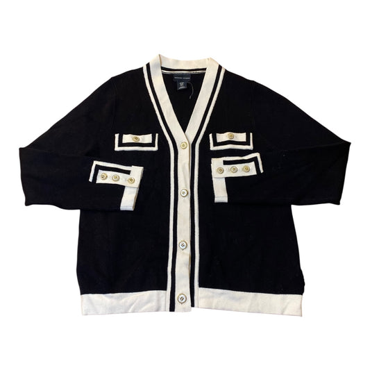 Sweater Cardigan By Adrienne Vittadini In Black & White, Size:M
