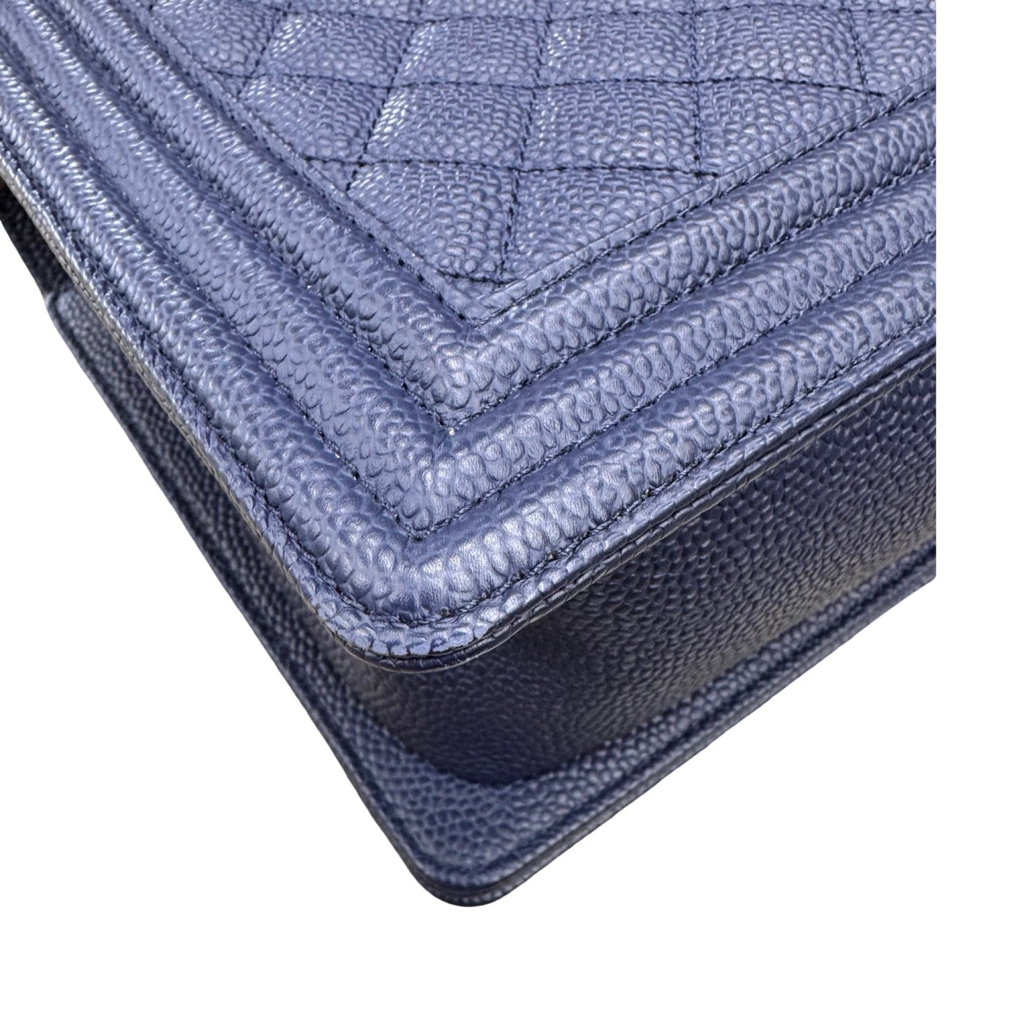 Caviar Quilted Boy Flap Handbag Luxury Designer By Chanel In Navy & Silver, Size:Large (6.9x11x3 in)