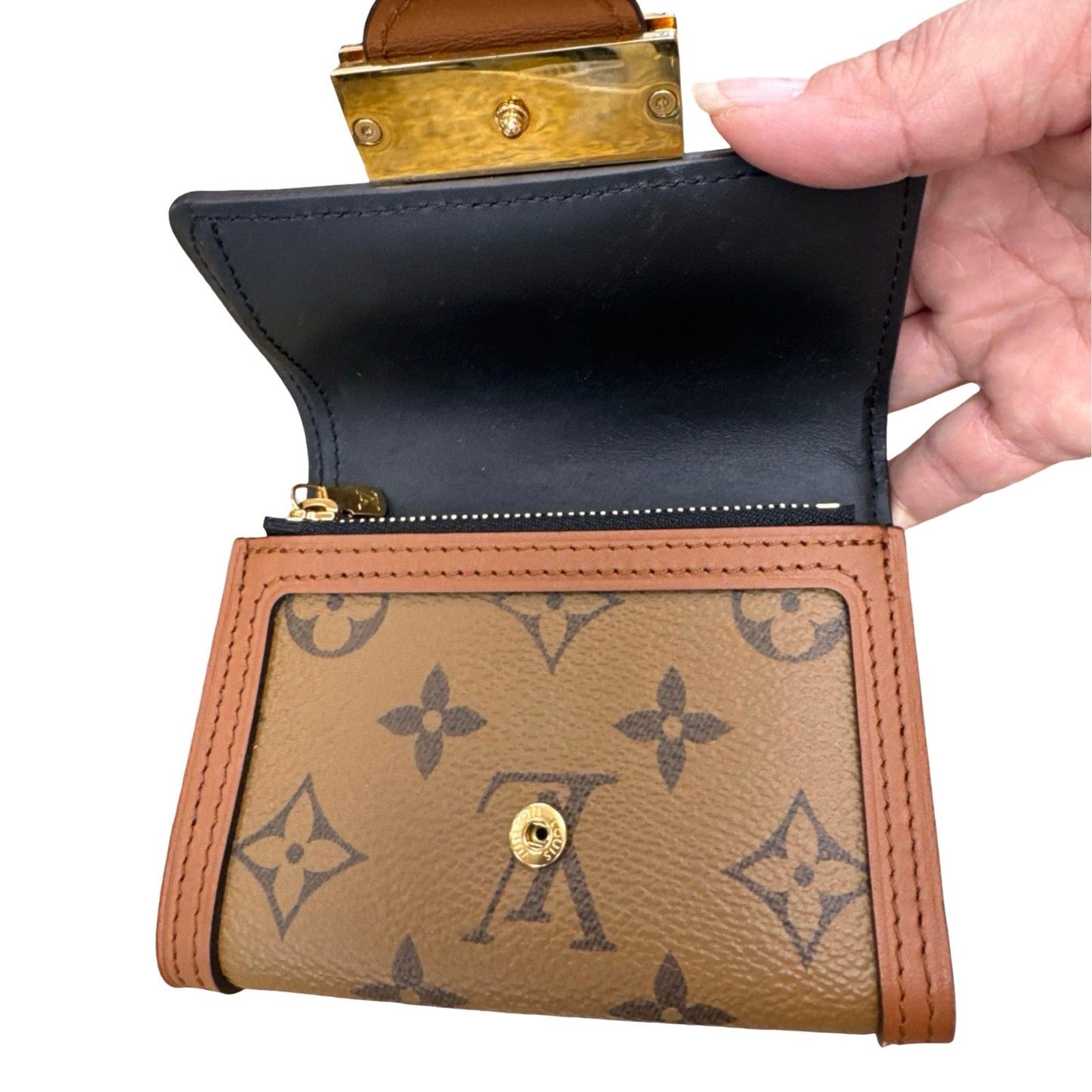 Dauphine Compact Wallet Luxury Designer By Louis Vuitton In Brown & Gold, Size:Small
