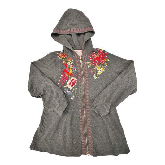 Sweatshirt Cardigan Designer By Johnny Was In Grey & Floral, Size:M