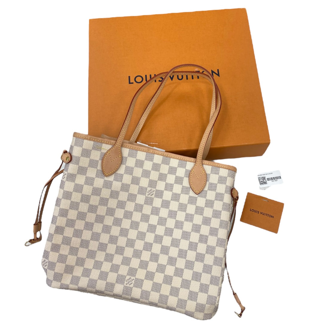Handbag Luxury Designer By Louis Vuitton In Cream - DAMIER AZUR NEVERFULL MM, Size:Medium
