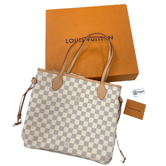 Handbag Luxury Designer By Louis Vuitton In Cream - DAMIER AZUR NEVERFULL MM, Size:Medium