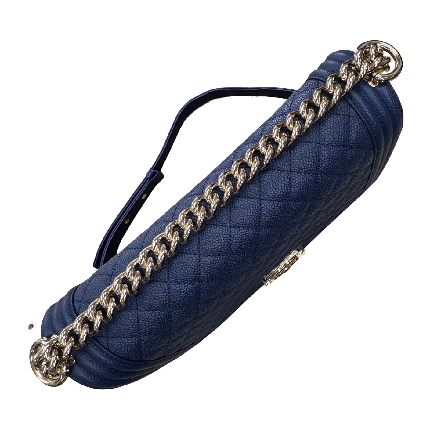 Caviar Quilted Boy Flap Handbag Luxury Designer By Chanel In Navy & Silver, Size:Large (6.9x11x3 in)