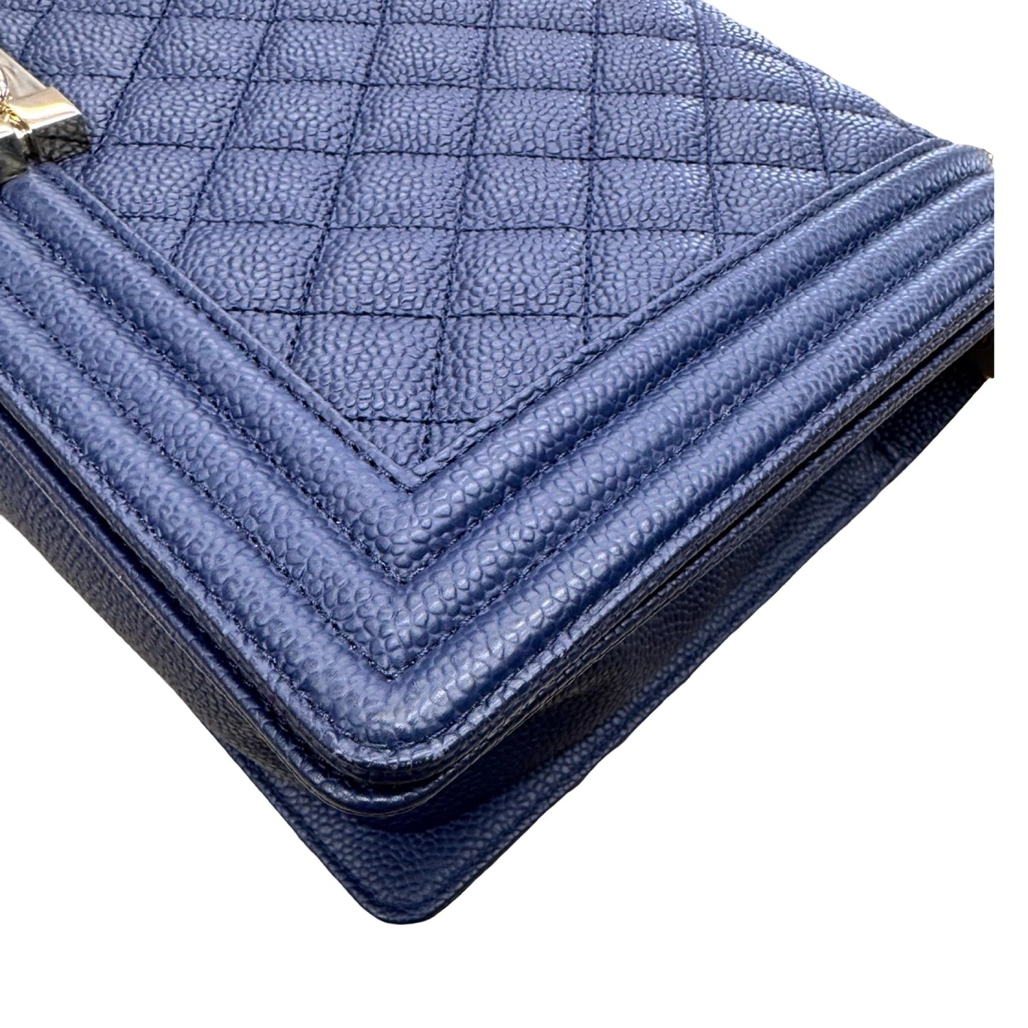 Caviar Quilted Boy Flap Handbag Luxury Designer By Chanel In Navy & Silver, Size:Large (6.9x11x3 in)