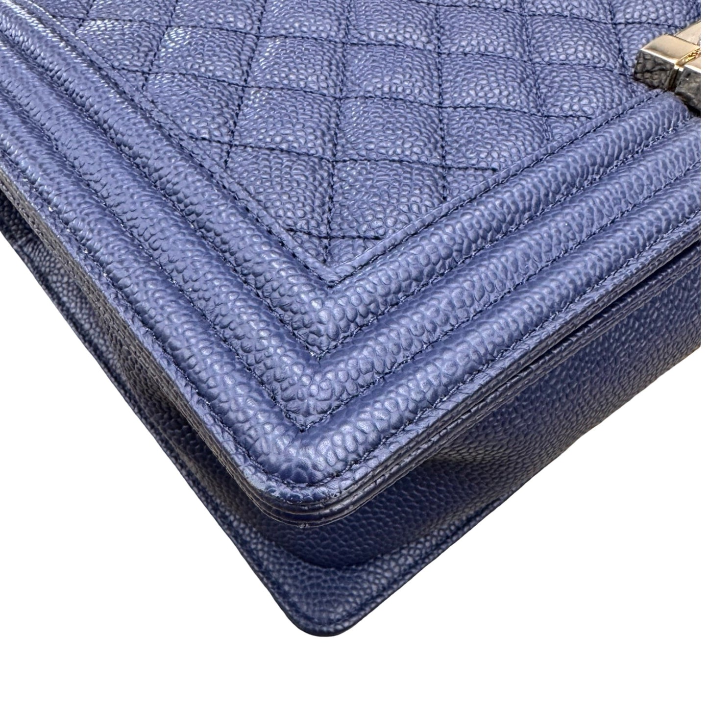 Caviar Quilted Boy Flap Handbag Luxury Designer By Chanel In Navy & Silver, Size:Large (6.9x11x3 in)