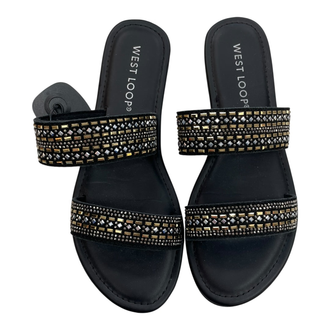Sandals Flats By West Loop In Black & Gold, Size:8