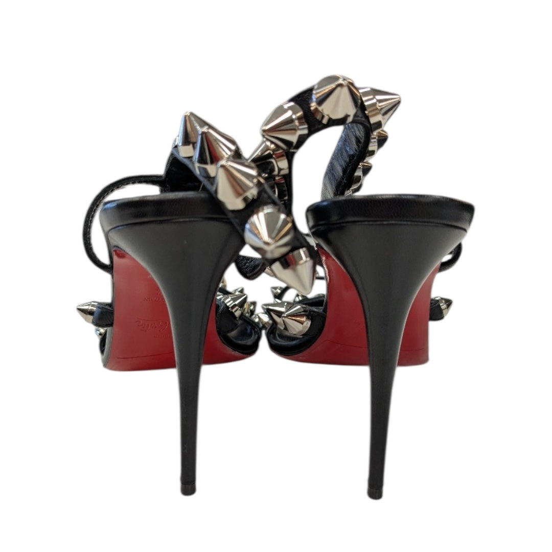 Sandals Luxury Designer By Christian Louboutin In Black & Silver, Size:7
