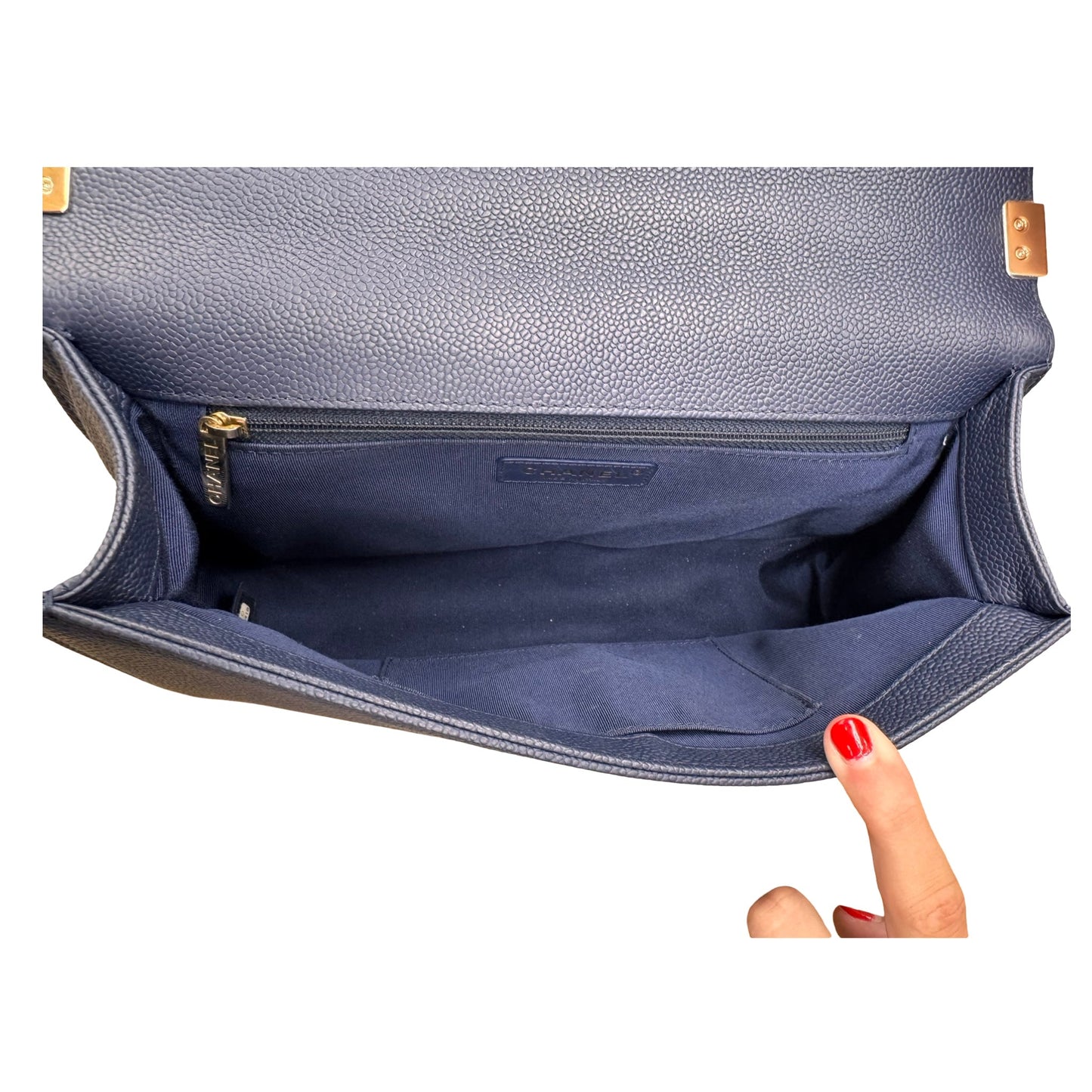 Caviar Quilted Boy Flap Handbag Luxury Designer By Chanel In Navy & Silver, Size:Large (6.9x11x3 in)