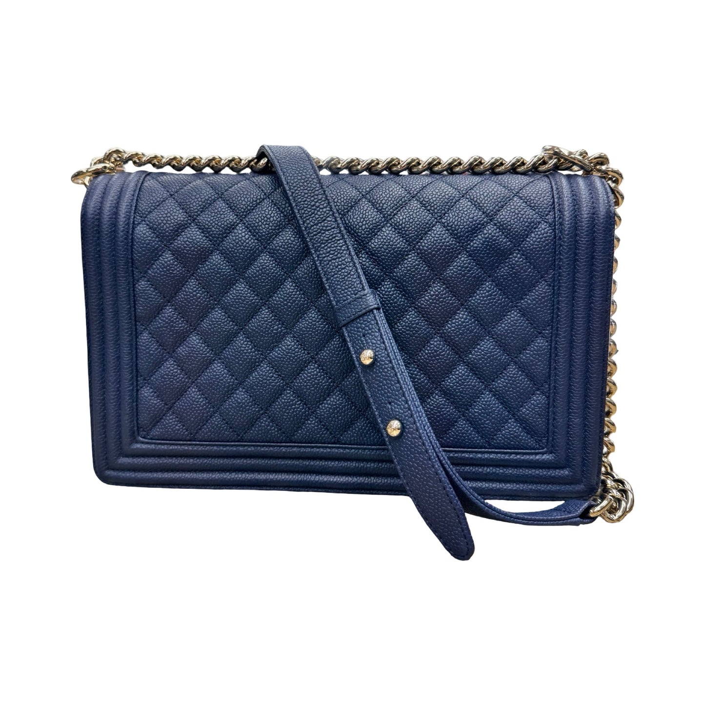 Caviar Quilted Boy Flap Handbag Luxury Designer By Chanel In Navy & Silver, Size:Large (6.9x11x3 in)